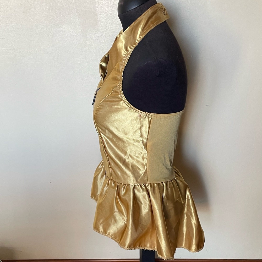 Gold Satin Halter Peplum Zip-Front Top - Picture 10 of 11